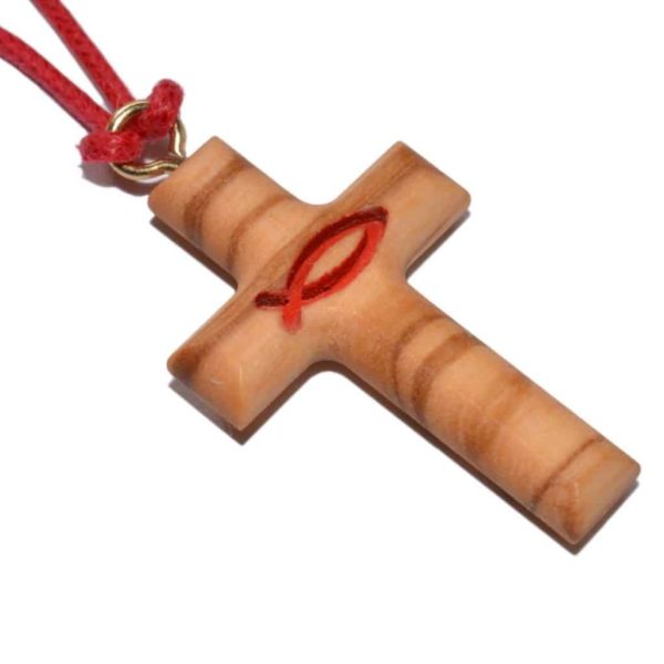 Umhängekreuz Olivenholz Kreuz Anhänger Fisch Ichthys rot, 3cm | Bejol Bastelshop