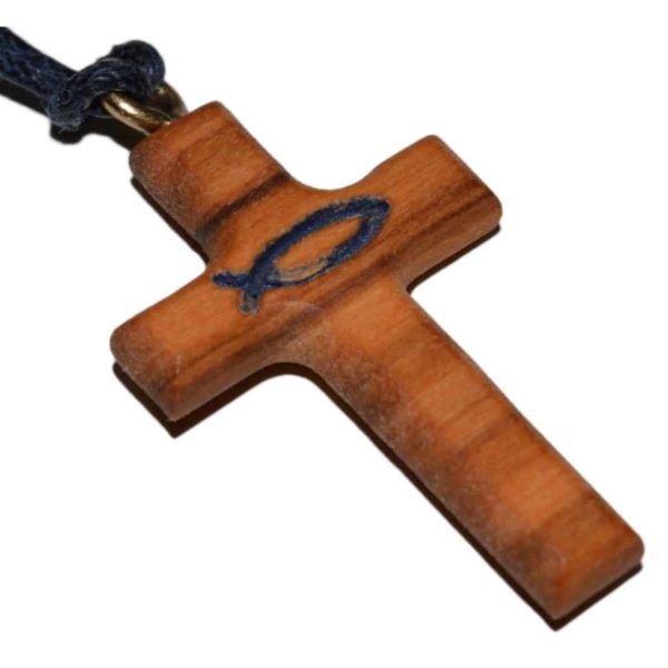 Umhängekreuz Olivenholz Kreuz Anhänger Fisch Ichthys blau, 3cm | Bejol Bastelshop