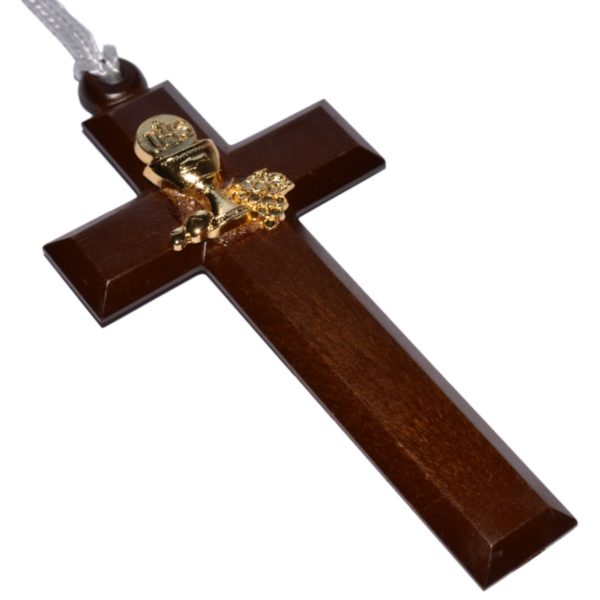 Kommunion Kreuz Umhängekreuz Holz mit Metall-Dekor gold, 10cm | Bejol Bastelshop