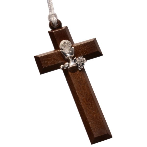 Kommunion Kreuz Umhängekreuz Holz mit Metall-Dekor silber, 10cm | Bejol Bastelshop